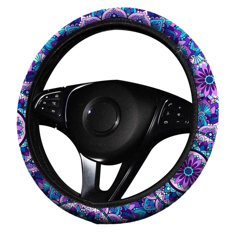 Zadin 4 Pieces Mandala Purple Lotus Steering Wheel Cover Set with 2pcs Car Cup Coasters & Quarter Keyring  Cute and Fashionable Non-Slip Purple Steering Wheel Cover  Universal Fit 14-15.5 inches - Image 4